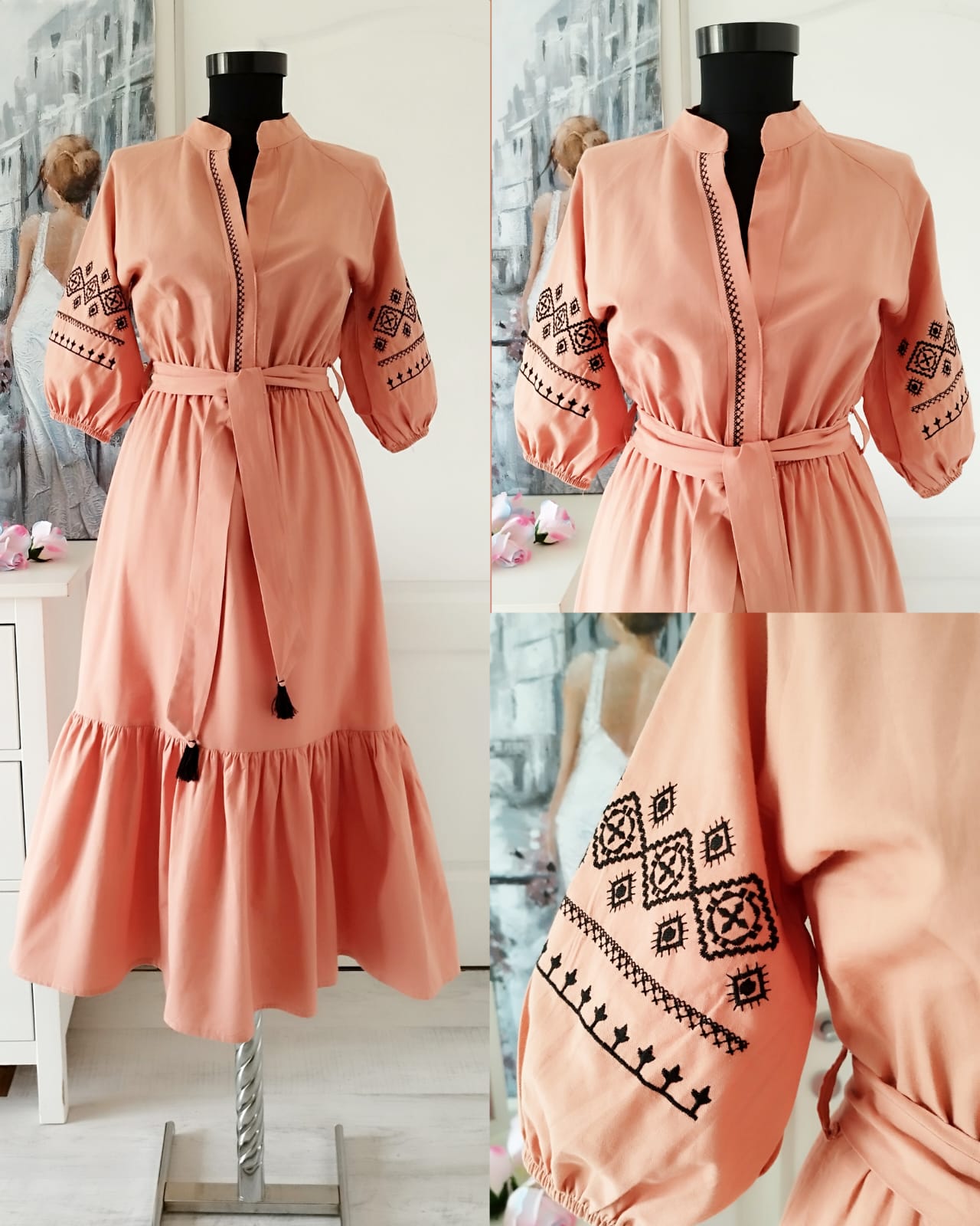 Rochie midi din bumbac cu broderie cusuta portocalie prezentare Rochie midi din bumbac cu broderie cusuta