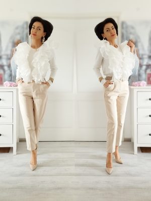 Pulover cu volane ample, model spectaculos, alb