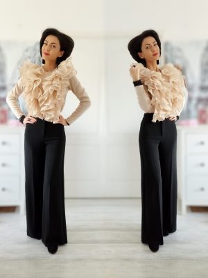 Pulover cu volane ample, model spectaculos, bej