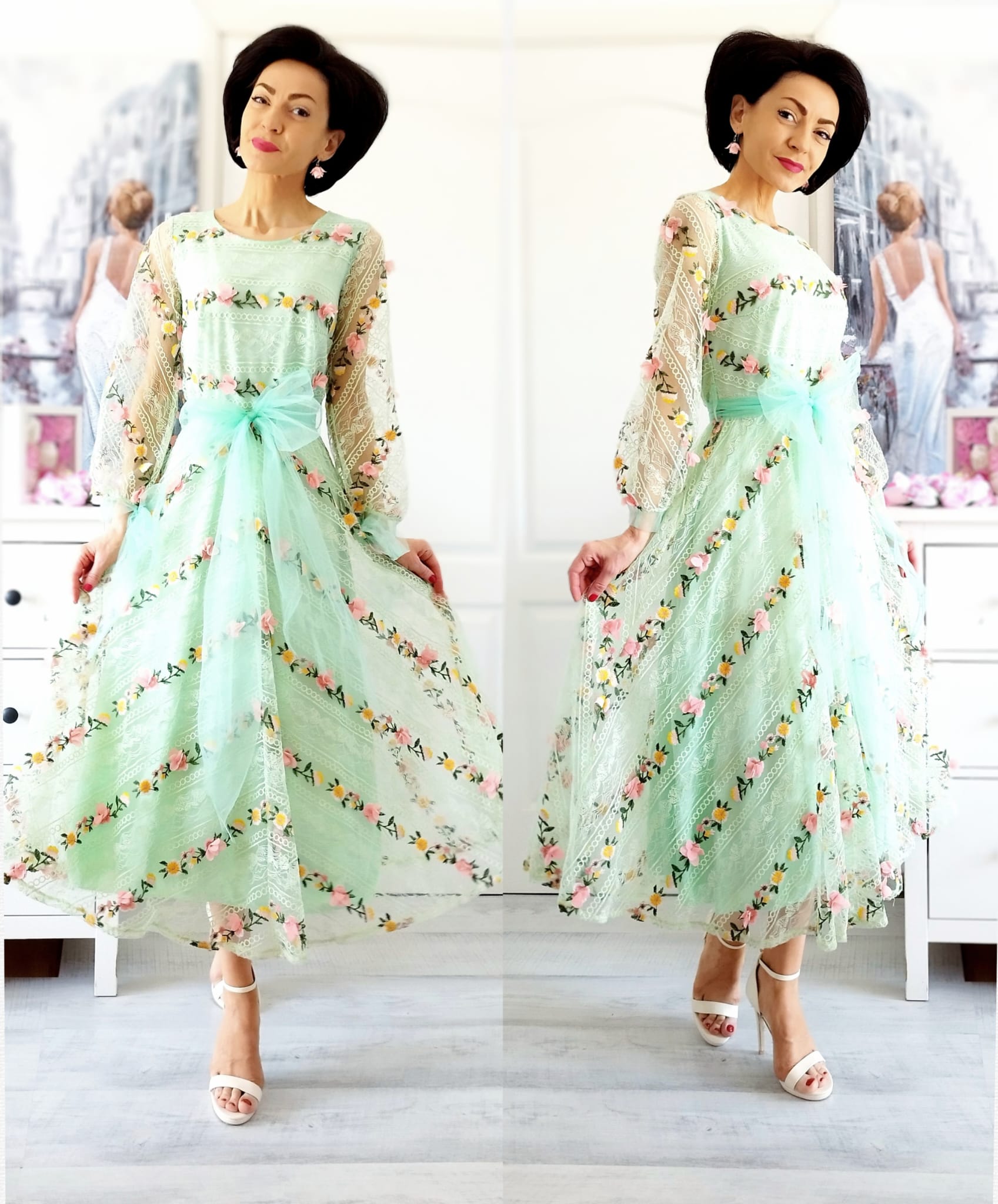 Rochie din tulle cu broderie și flori aplicate efect 3D - 1 Rochie din tulle cu broderie și flori aplicate efect 3D