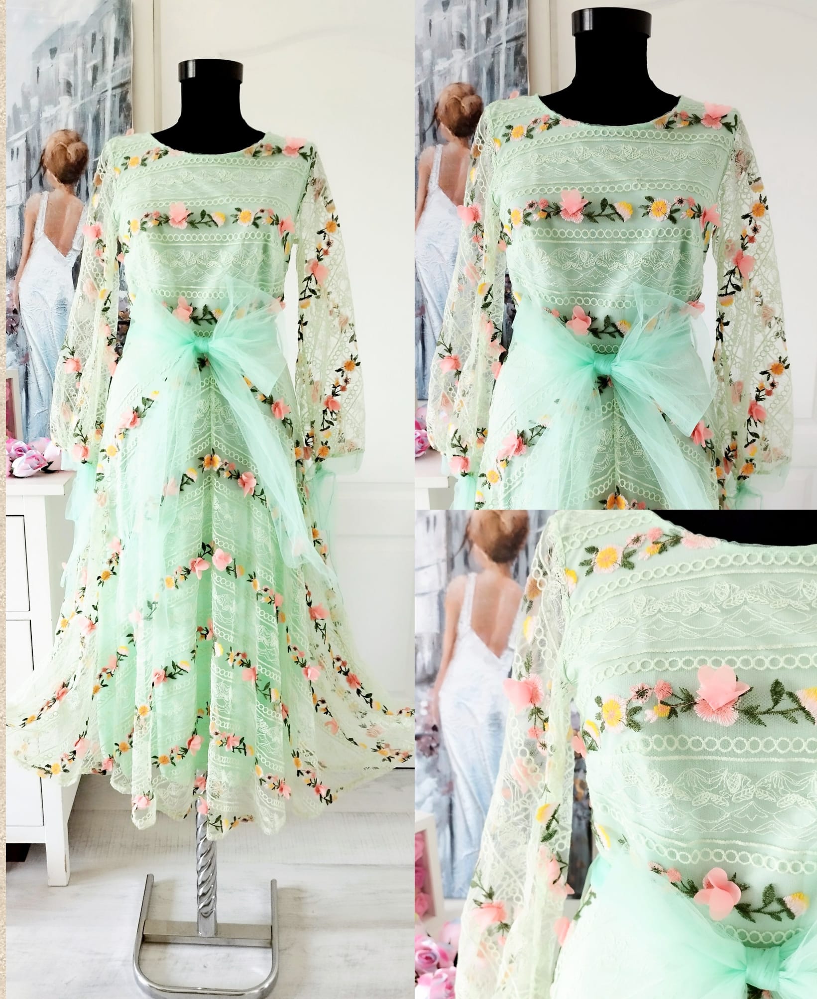 Rochie din tulle cu broderie și flori aplicate efect 3D – 2 Rochie din tulle cu broderie și flori aplicate efect 3D